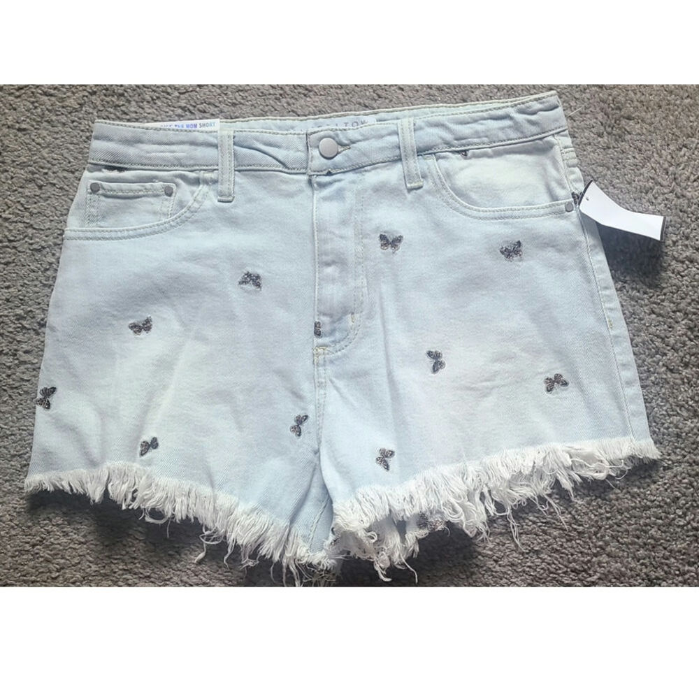 High Rise Mom Shorts Butterfly Print Frayed Hem Denim Size 1/30 NWT